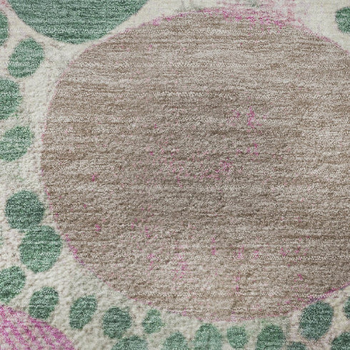 8' Green Pink And Ivory Geometric Washable Round Rug With UV Protection