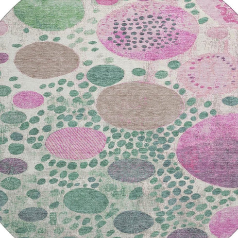 8' Green Pink And Ivory Geometric Washable Round Rug With UV Protection