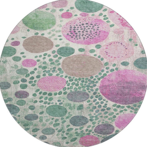 8' Green Pink And Ivory Geometric Washable Round Rug With UV Protection