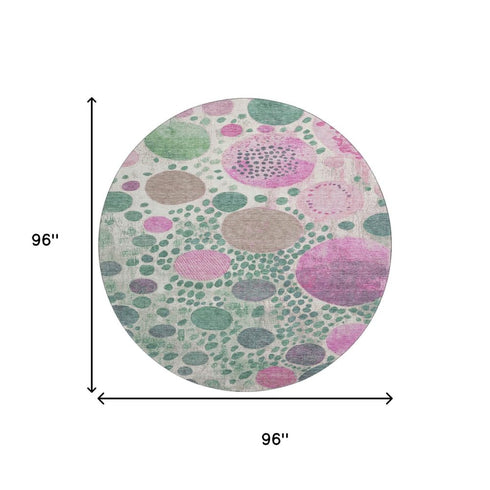 8' Green Pink And Ivory Geometric Washable Round Rug With UV Protection