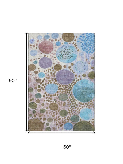 5' X 8' Khaki Blue And Purple Geometric Washable Area Rug With UV Protection