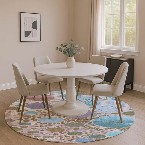 8' Khaki Blue And Purple Geometric Washable Round Rug With UV Protection