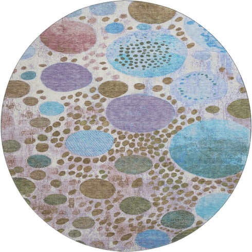 8' Khaki Blue And Purple Geometric Washable Round Rug With UV Protection