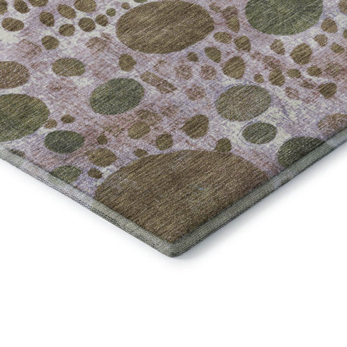 8' Khaki Blue And Purple Geometric Washable Round Rug With UV Protection
