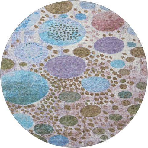 8' Khaki Blue And Purple Geometric Washable Round Rug With UV Protection