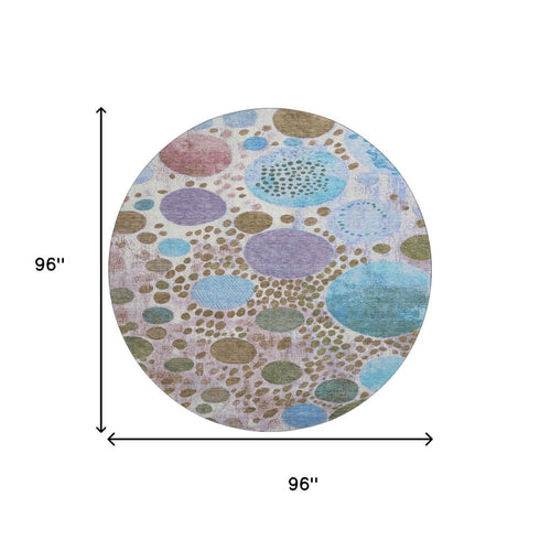 8' Khaki Blue And Purple Geometric Washable Round Rug With UV Protection