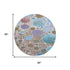 8' Khaki Blue And Purple Geometric Washable Round Rug With UV Protection