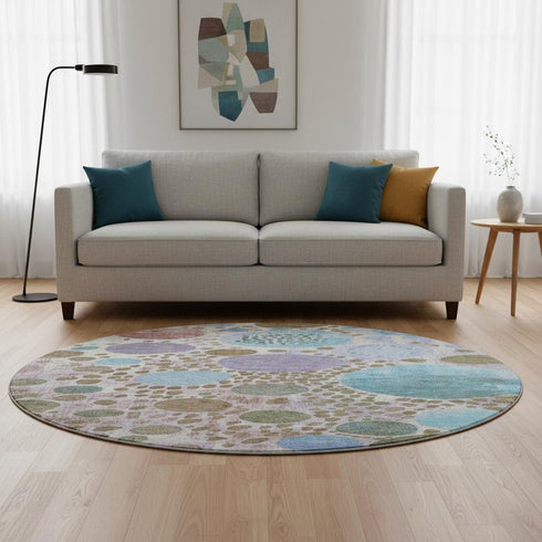 8' Khaki Blue And Purple Geometric Washable Round Rug With UV Protection