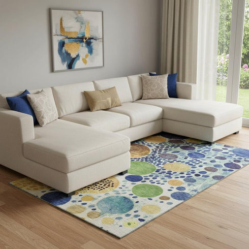 8' X 10' Navy Blue Yellow And Green Geometric Washable Area Rug With UV Protection