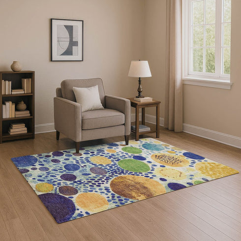 8' X 10' Navy Blue Yellow And Green Geometric Washable Area Rug With UV Protection
