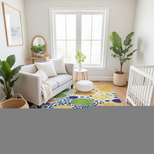 8' X 10' Navy Blue Yellow And Green Geometric Washable Area Rug With UV Protection