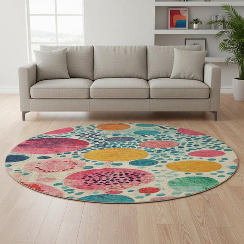 8' Teal Pink And Orange Geometric Washable Round Rug With UV Protection