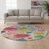 8' Teal Pink And Orange Geometric Washable Round Rug With UV Protection