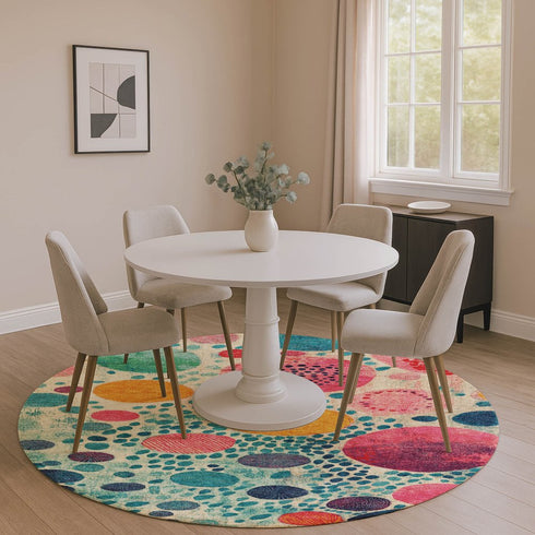 8' Teal Pink And Orange Geometric Washable Round Rug With UV Protection