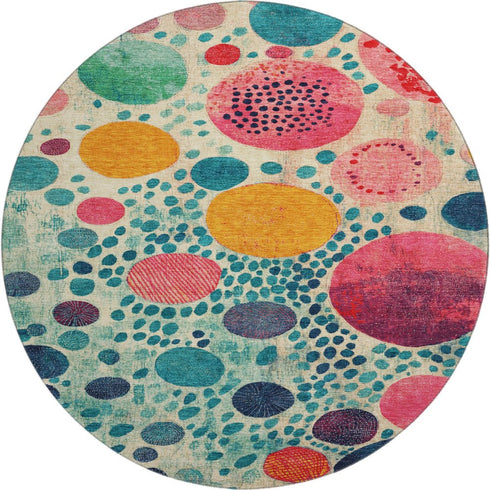 8' Teal Pink And Orange Geometric Washable Round Rug With UV Protection