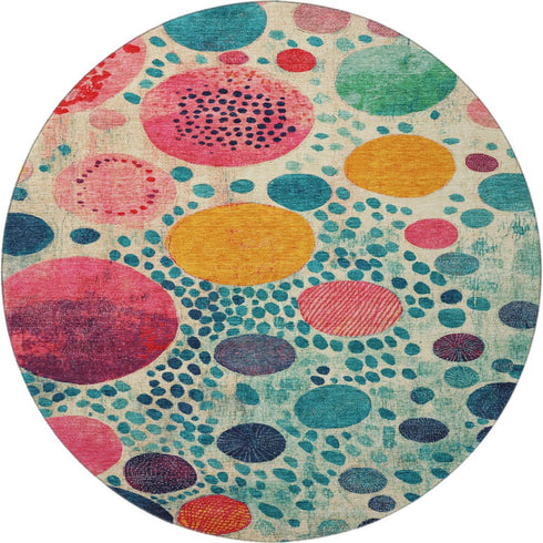 8' Teal Pink And Orange Geometric Washable Round Rug With UV Protection