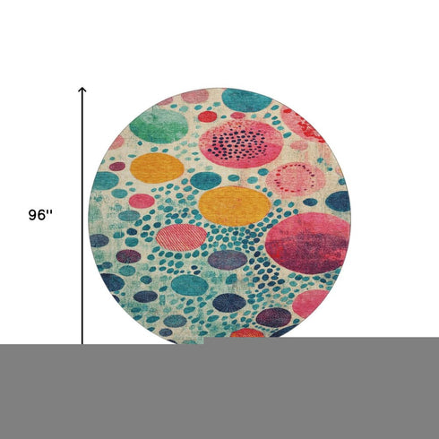 8' Teal Pink And Orange Geometric Washable Round Rug With UV Protection