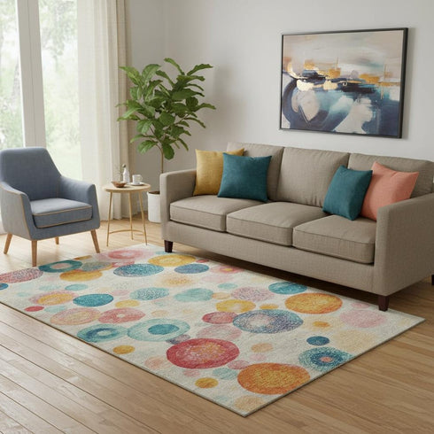 5' X 8' Beige Teal And Orange Geometric Washable Area Rug With UV Protection