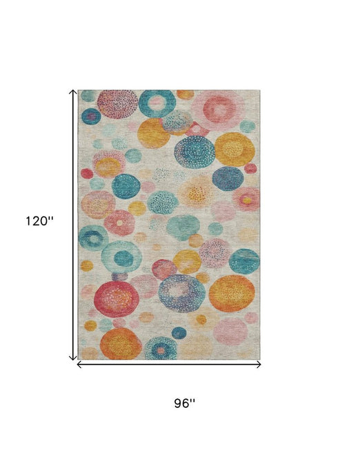 8' X 10' Beige Teal And Orange Geometric Washable Area Rug With UV Protection