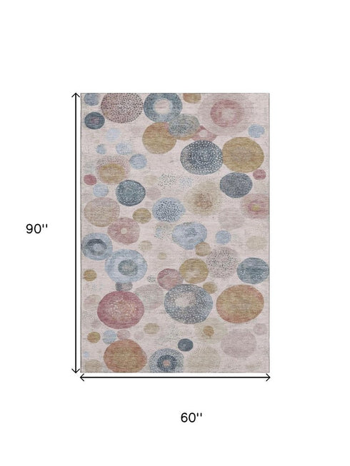 5' X 8' Blush Beige And Blue Geometric Washable Area Rug With UV Protection