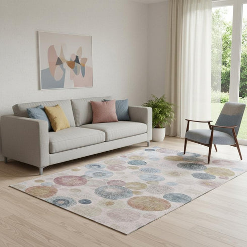 5' X 8' Blush Beige And Blue Geometric Washable Area Rug With UV Protection