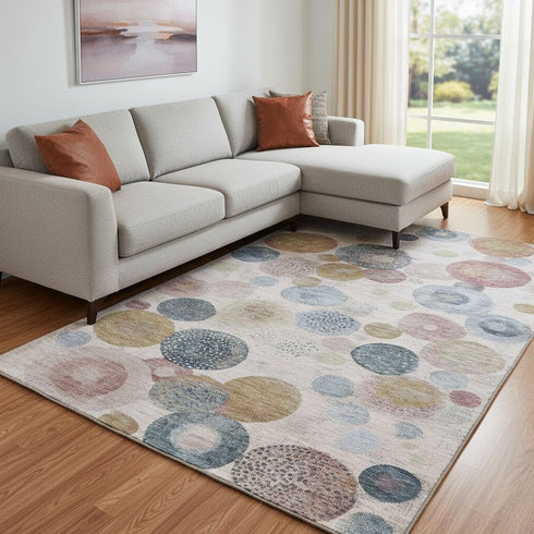 8' X 10' Blush Beige And Blue Geometric Washable Area Rug With UV Protection