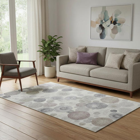 5' X 8' Ivory Gray And Silver Geometric Washable Area Rug With UV Protection