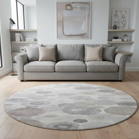 8' Ivory Gray And Silver Geometric Washable Round Rug With UV Protection