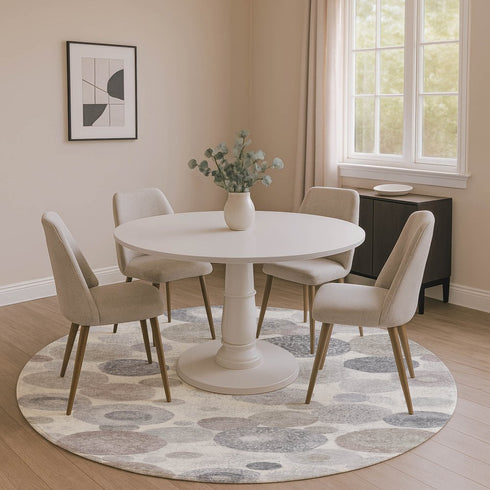 8' Ivory Gray And Silver Geometric Washable Round Rug With UV Protection