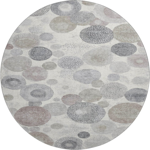 8' Ivory Gray And Silver Geometric Washable Round Rug With UV Protection