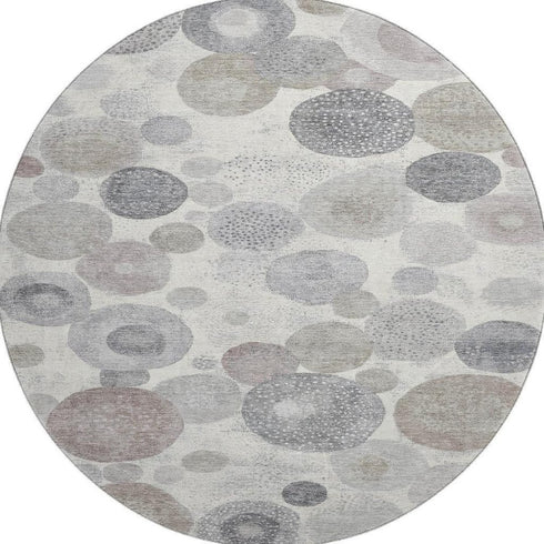 8' Ivory Gray And Silver Geometric Washable Round Rug With UV Protection