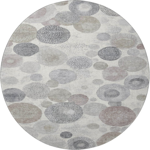 8' Ivory Gray And Silver Geometric Washable Round Rug With UV Protection
