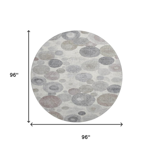 8' Ivory Gray And Silver Geometric Washable Round Rug With UV Protection