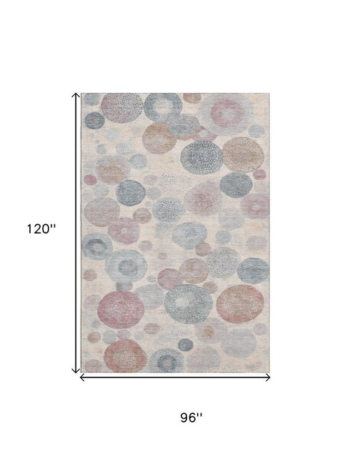 8' X 10' Peach Gray And Silver Geometric Washable Area Rug With UV Protection