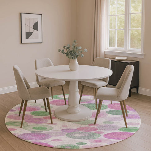 8' Pink Green And Ivory Geometric Washable Round Rug With UV Protection