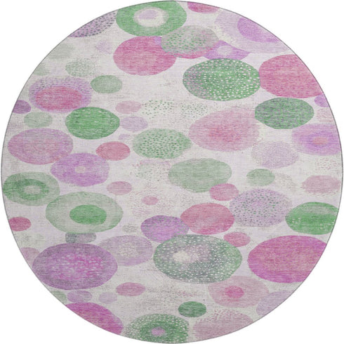 8' Pink Green And Ivory Geometric Washable Round Rug With UV Protection