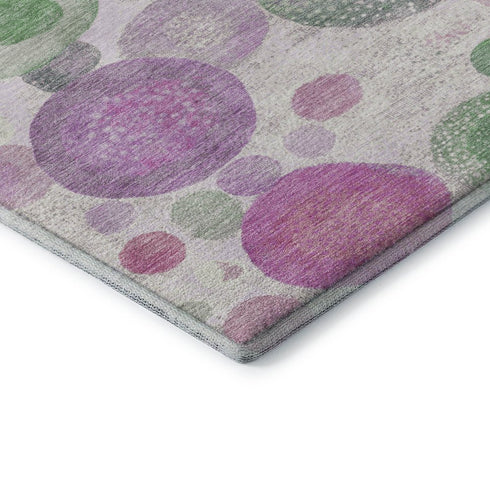 8' Pink Green And Ivory Geometric Washable Round Rug With UV Protection