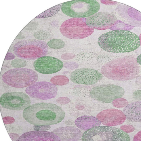8' Pink Green And Ivory Geometric Washable Round Rug With UV Protection
