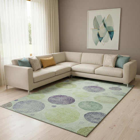 8' X 10' Artichoke Green And Purple Geometric Washable Area Rug With UV Protection