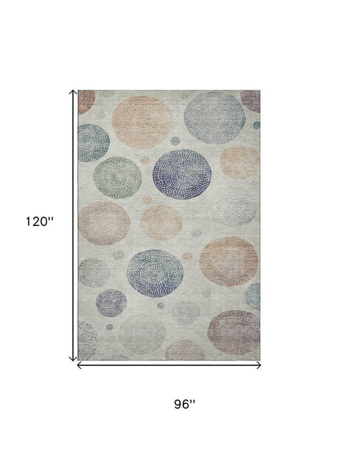 8' X 10' Beige And Blue Geometric Washable Area Rug With UV Protection