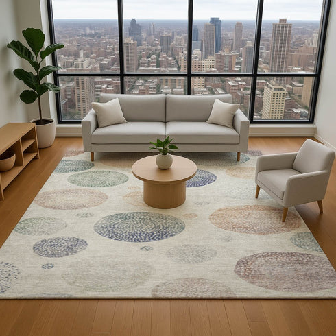 8' X 10' Beige And Blue Geometric Washable Area Rug With UV Protection