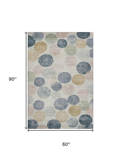 5' X 8' Beige Blue And Wheat Geometric Washable Area Rug With UV Protection