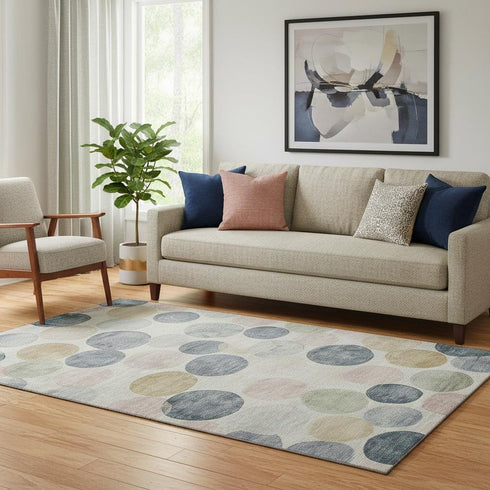 5' X 8' Beige Blue And Wheat Geometric Washable Area Rug With UV Protection