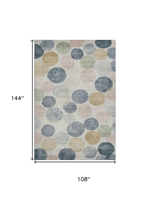 9' X 12' Beige Blue And Wheat Geometric Washable Area Rug With UV Protection