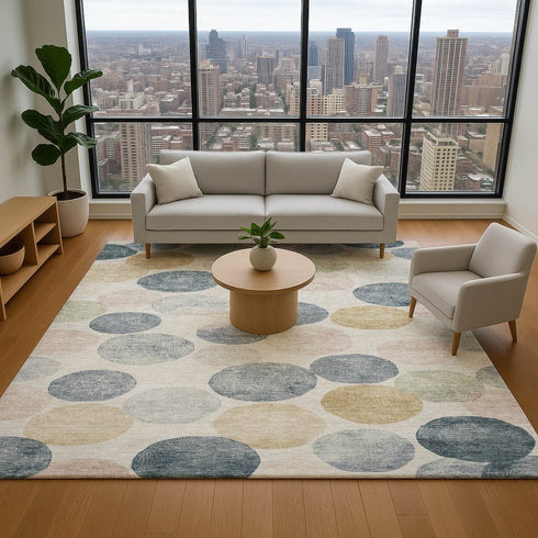 9' X 12' Beige Blue And Wheat Geometric Washable Area Rug With UV Protection