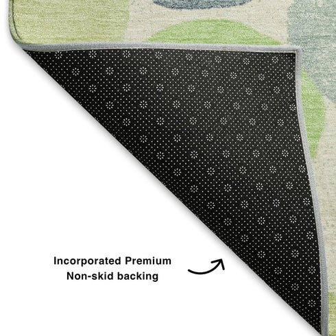 5' X 8' Navy Blue Green And Ivory Geometric Washable Area Rug With UV Protection