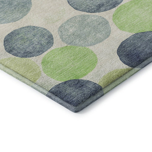 5' X 8' Navy Blue Green And Ivory Geometric Washable Area Rug With UV Protection