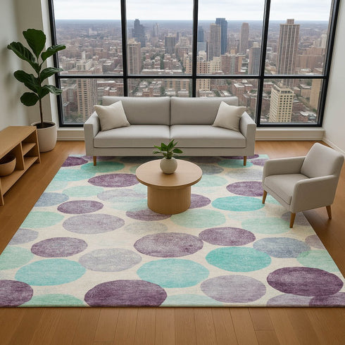 9' X 12' Plum Teal And Ivory Geometric Washable Area Rug With UV Protection