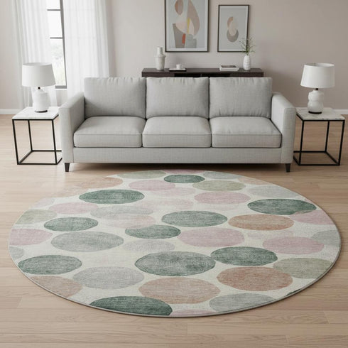 8' Salmon Emerald And Ivory Geometric Washable Round Rug With UV Protection