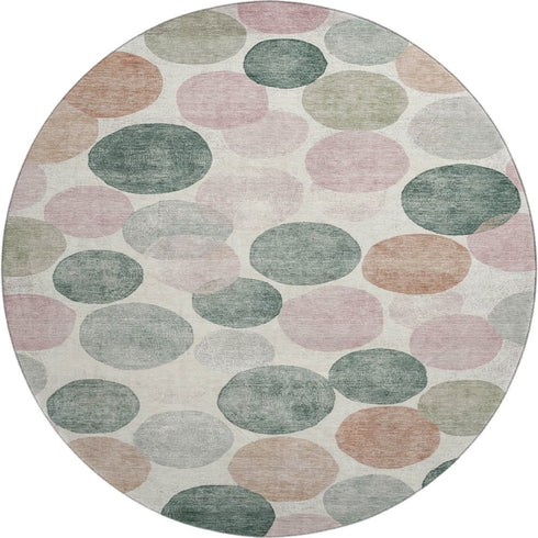 8' Salmon Emerald And Ivory Geometric Washable Round Rug With UV Protection